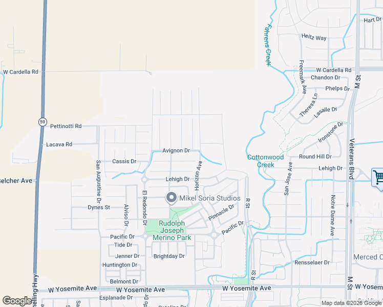 map of restaurants, bars, coffee shops, grocery stores, and more near 1216 Avignon Drive in Merced