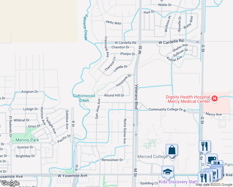 map of restaurants, bars, coffee shops, grocery stores, and more near 741 Round Hill Drive in Merced