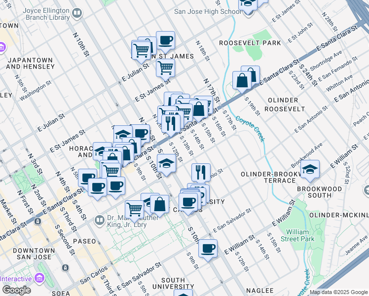 map of restaurants, bars, coffee shops, grocery stores, and more near 40 South 12th Street in San Jose