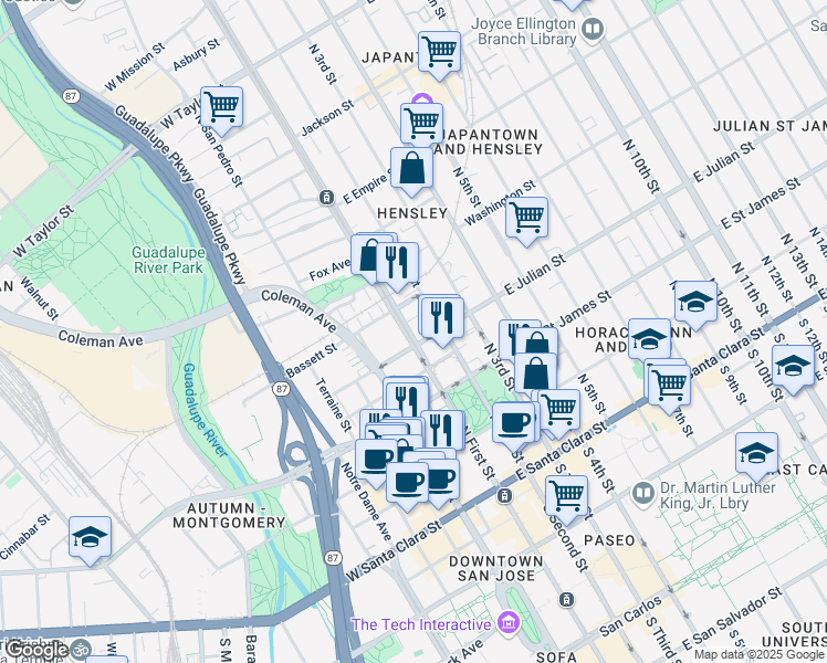 map of restaurants, bars, coffee shops, grocery stores, and more near 329 North 1st Street in San Jose