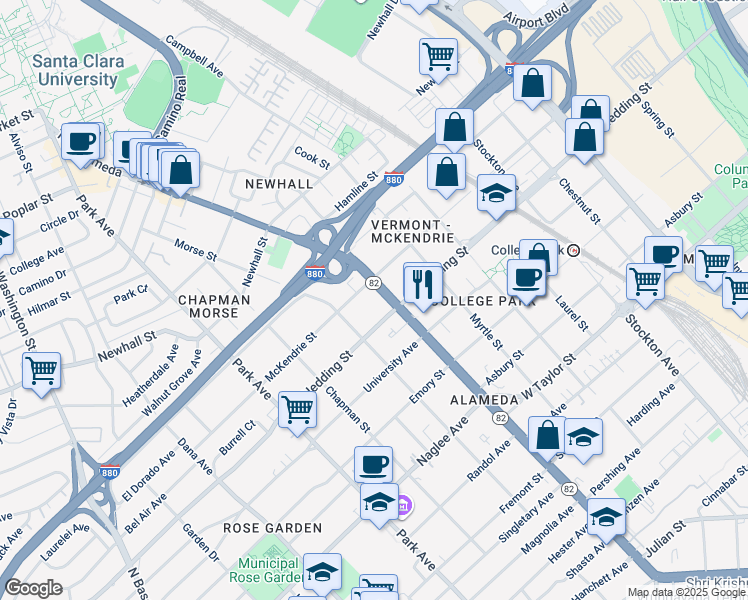 map of restaurants, bars, coffee shops, grocery stores, and more near 1132 McKendrie Street in San Jose