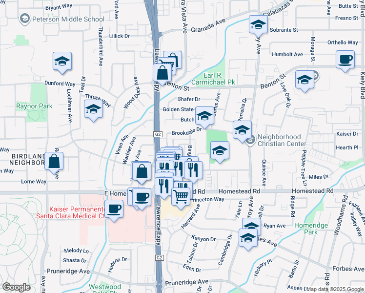 map of restaurants, bars, coffee shops, grocery stores, and more near 3520 Wehner Drive in Santa Clara