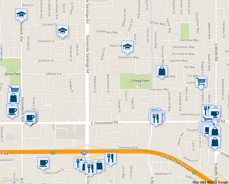 map of restaurants, bars, coffee shops, grocery stores, and more near 1609 Canary Drive in Sunnyvale