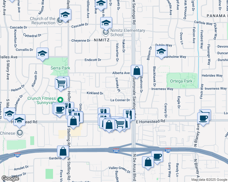 map of restaurants, bars, coffee shops, grocery stores, and more near 525 La Conner Drive in Sunnyvale