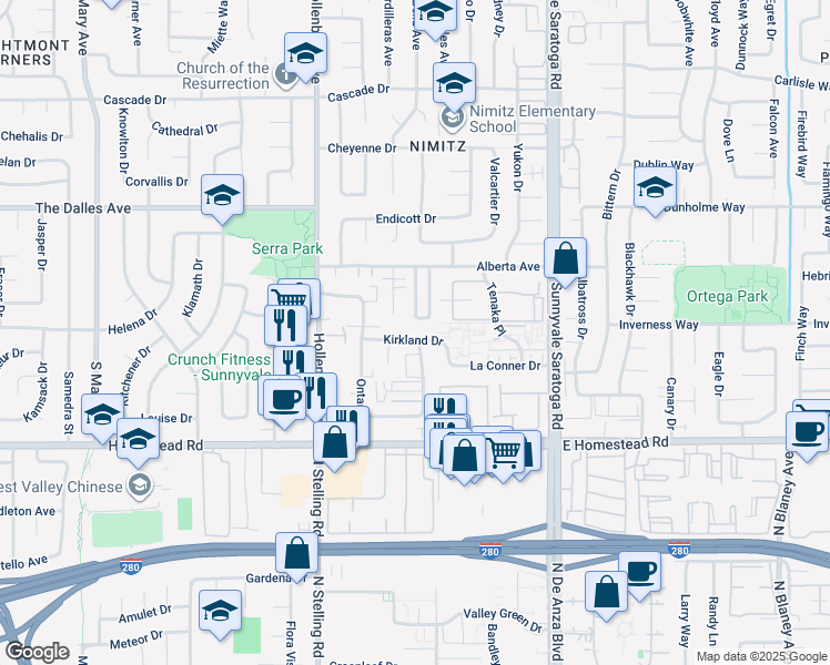 map of restaurants, bars, coffee shops, grocery stores, and more near 637 Kirkland Drive in Sunnyvale