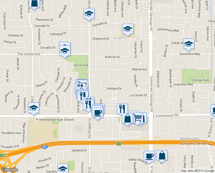 map of restaurants, bars, coffee shops, grocery stores, and more near 659 Kirkland Drive in Sunnyvale