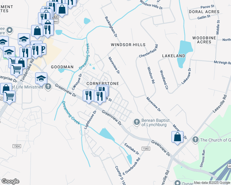 map of restaurants, bars, coffee shops, grocery stores, and more near 226 Colonnade Street in Lynchburg