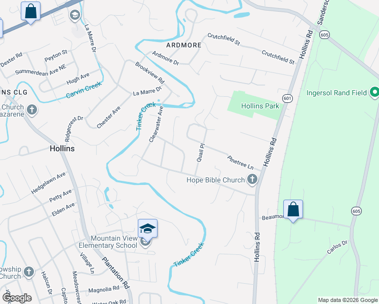 map of restaurants, bars, coffee shops, grocery stores, and more near 6731 Stonington Road in Hollins