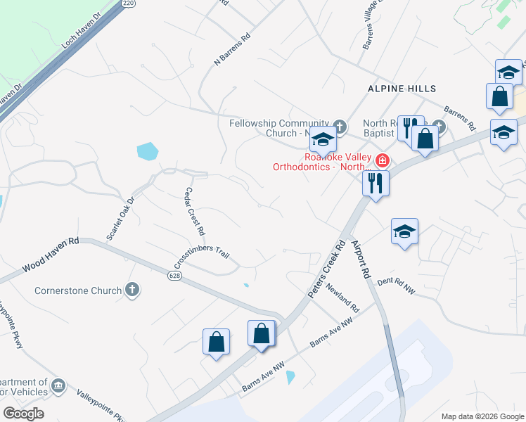 map of restaurants, bars, coffee shops, grocery stores, and more near 7285 Scarlet Oak Drive in Hollins