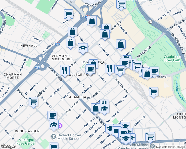 map of restaurants, bars, coffee shops, grocery stores, and more near 846 Emory Street in San Jose