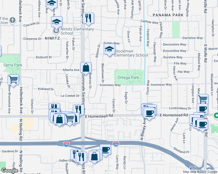 map of restaurants, bars, coffee shops, grocery stores, and more near 514 Inverness Way in Sunnyvale