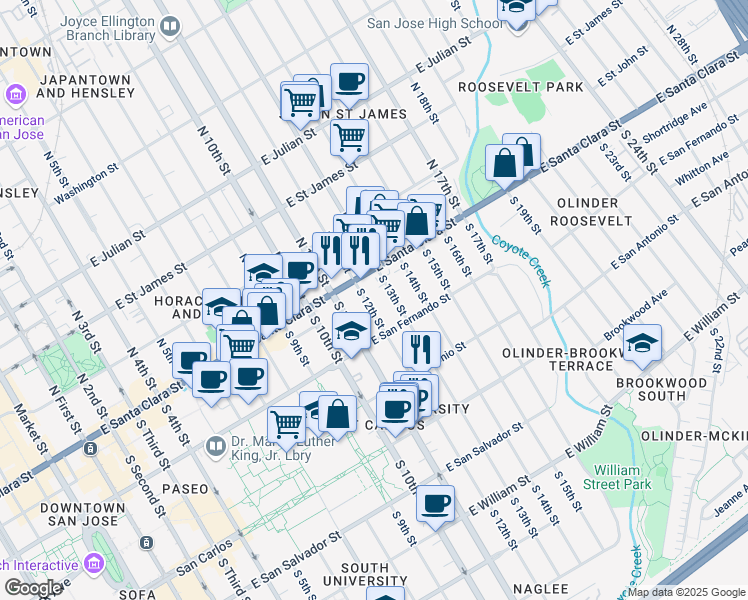 map of restaurants, bars, coffee shops, grocery stores, and more near 40 South 12th Street in San Jose