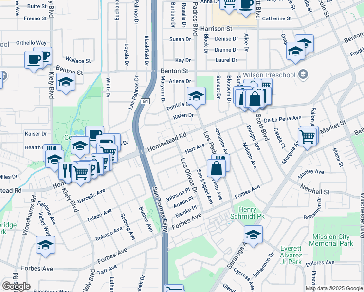 map of restaurants, bars, coffee shops, grocery stores, and more near 779 Los Olivos Drive in Santa Clara