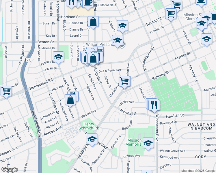 map of restaurants, bars, coffee shops, grocery stores, and more near 650 Catala Court in Santa Clara