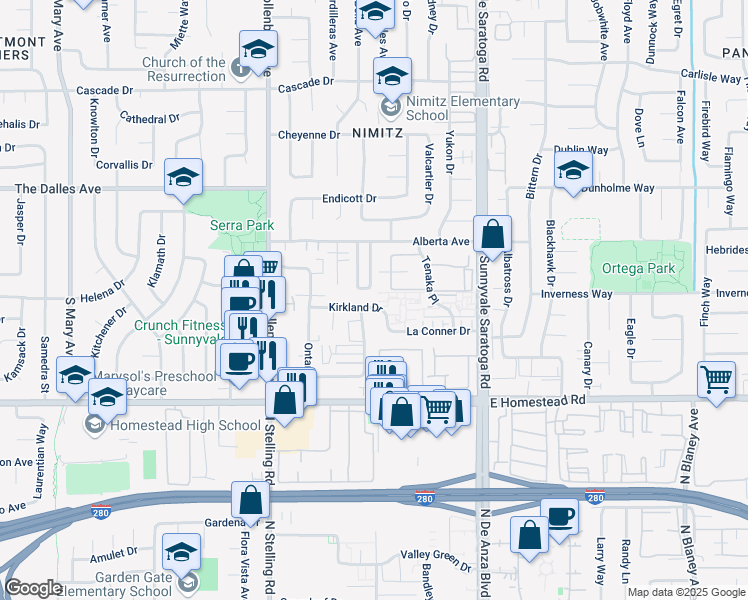 map of restaurants, bars, coffee shops, grocery stores, and more near 637 Kirkland Drive in Sunnyvale