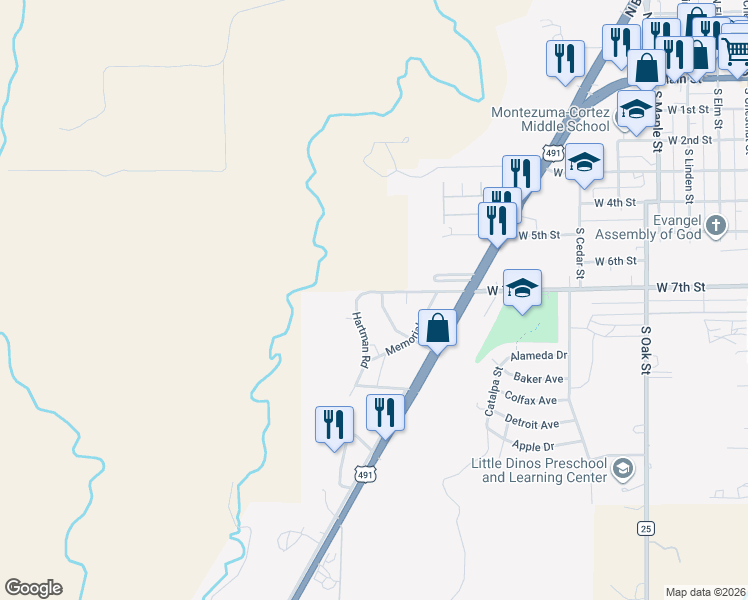 map of restaurants, bars, coffee shops, grocery stores, and more near 704 Hartman Road in Cortez