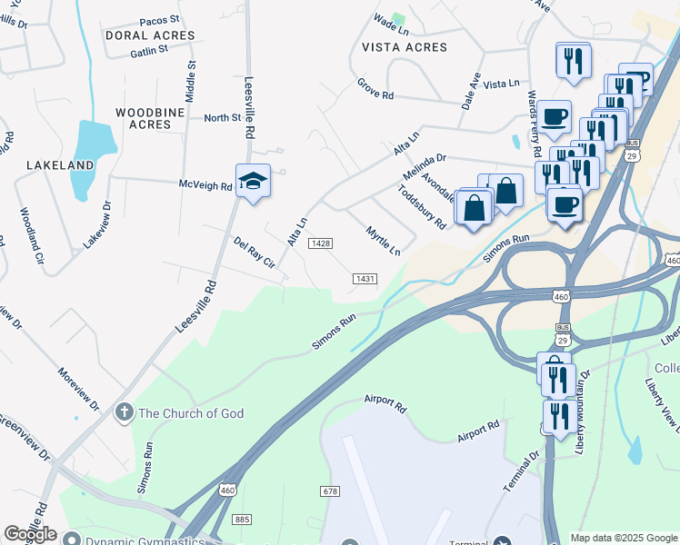 map of restaurants, bars, coffee shops, grocery stores, and more near 60 Edgewood Drive in Lynchburg