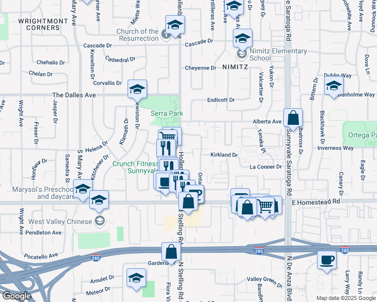 map of restaurants, bars, coffee shops, grocery stores, and more near 1608 Hollenbeck Avenue in Sunnyvale