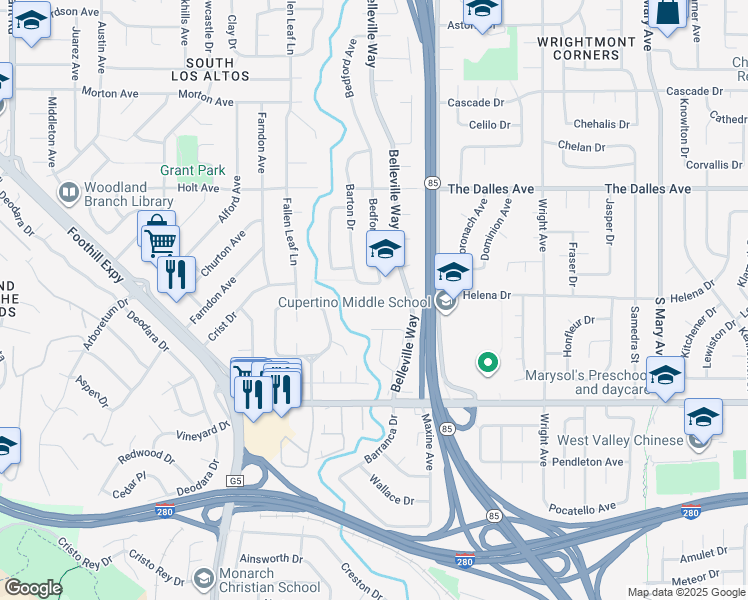 map of restaurants, bars, coffee shops, grocery stores, and more near 1635 Belleville Way in Sunnyvale