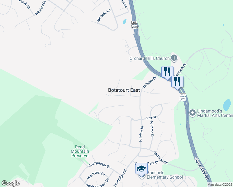 map of restaurants, bars, coffee shops, grocery stores, and more near 176 Chivas Drive in Roanoke