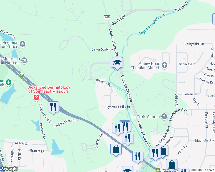 map of restaurants, bars, coffee shops, grocery stores, and more near 2041 Walden Boulevard in Cape Girardeau