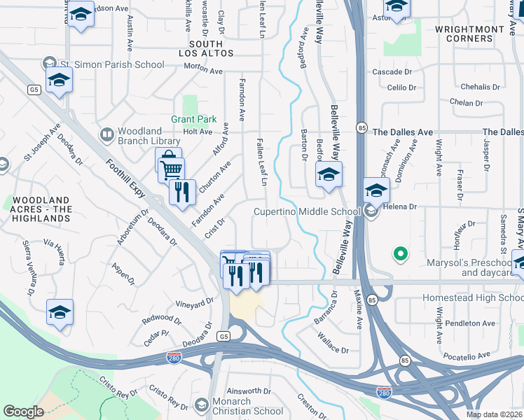 map of restaurants, bars, coffee shops, grocery stores, and more near 2006 Fallen Leaf Lane in Los Altos