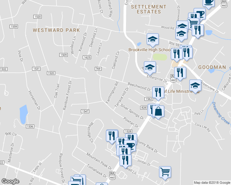 map of restaurants, bars, coffee shops, grocery stores, and more near 115 Farmington Road in Lynchburg