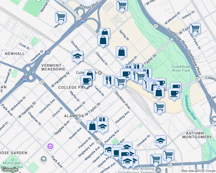 map of restaurants, bars, coffee shops, grocery stores, and more near 721 Stockton Avenue in San Jose