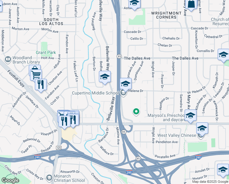 map of restaurants, bars, coffee shops, grocery stores, and more near 1612 Belleville Way in Sunnyvale