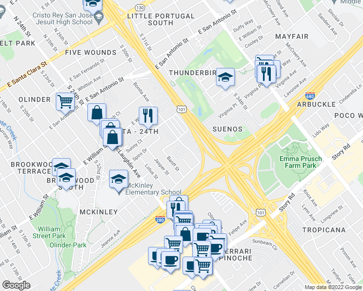 map of restaurants, bars, coffee shops, grocery stores, and more near 661 Bonita Avenue in San Jose