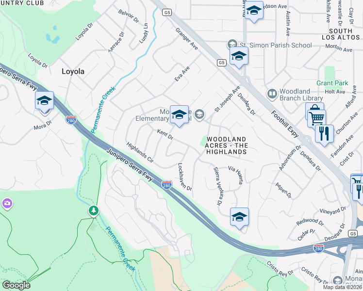 map of restaurants, bars, coffee shops, grocery stores, and more near 2068 Kent Drive in Los Altos