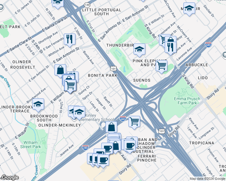 map of restaurants, bars, coffee shops, grocery stores, and more near 661 Bonita Avenue in San Jose