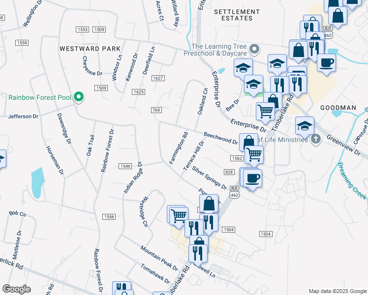map of restaurants, bars, coffee shops, grocery stores, and more near 115 Farmington Road in Lynchburg