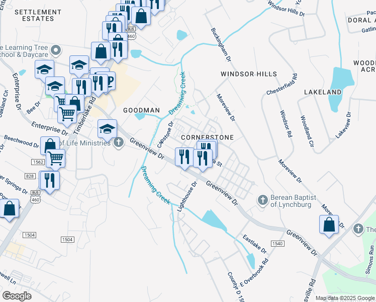 map of restaurants, bars, coffee shops, grocery stores, and more near 133 Portico Street in Lynchburg