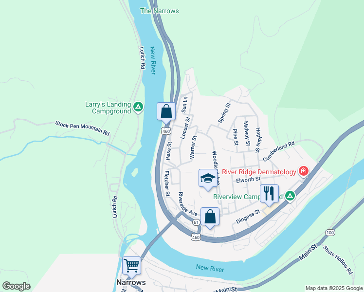 map of restaurants, bars, coffee shops, grocery stores, and more near 204 Locust Street in Narrows