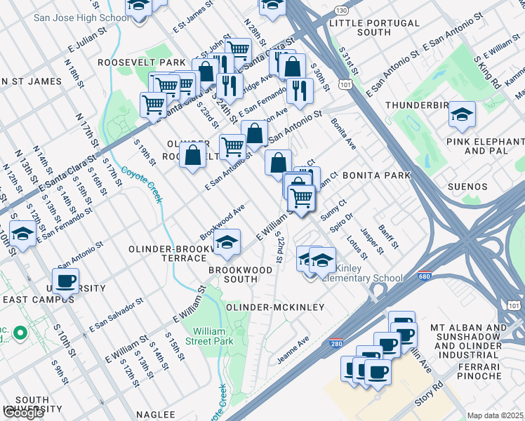 map of restaurants, bars, coffee shops, grocery stores, and more near 366 South 22nd Street in San Jose