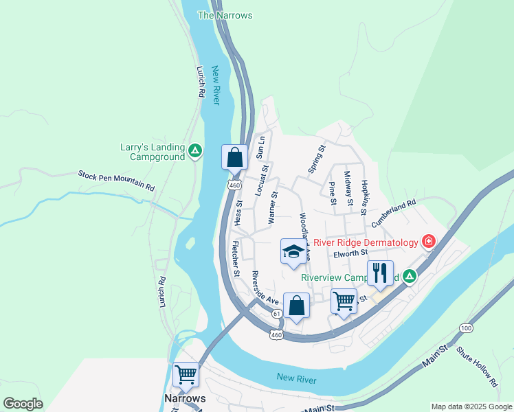 map of restaurants, bars, coffee shops, grocery stores, and more near 204 Locust Street in Narrows