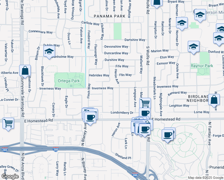 map of restaurants, bars, coffee shops, grocery stores, and more near 1606 Grosbeak Avenue in Sunnyvale