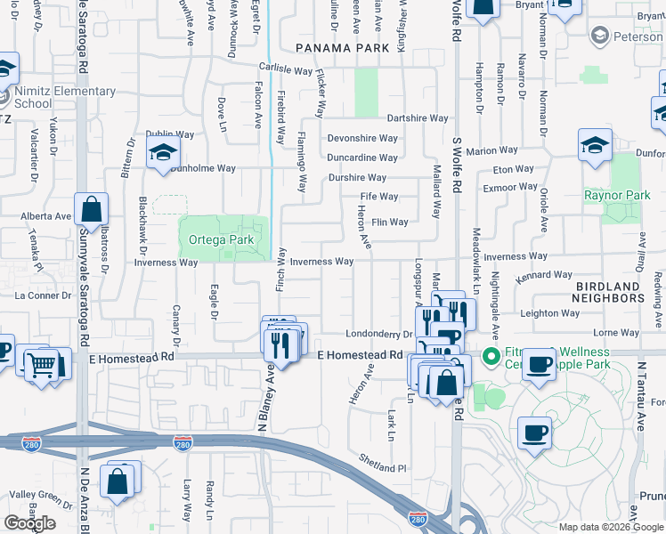 map of restaurants, bars, coffee shops, grocery stores, and more near 1602 Goldfinch Way in Sunnyvale