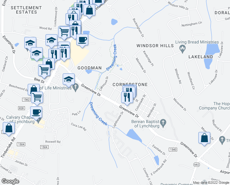 map of restaurants, bars, coffee shops, grocery stores, and more near 118 Capital Street in Lynchburg