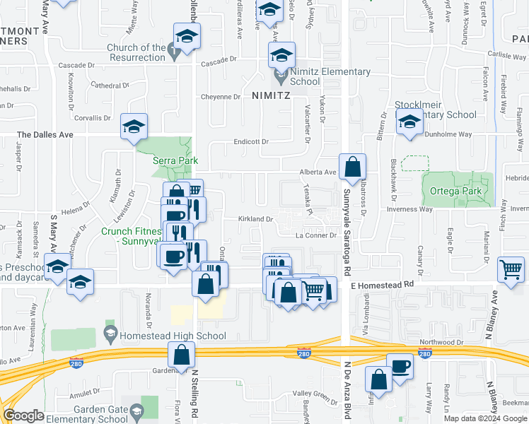 map of restaurants, bars, coffee shops, grocery stores, and more near 641 Kirkland Drive in Sunnyvale