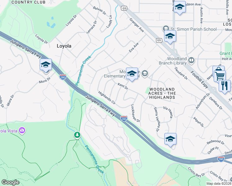 map of restaurants, bars, coffee shops, grocery stores, and more near 945 Andover Way in Los Altos