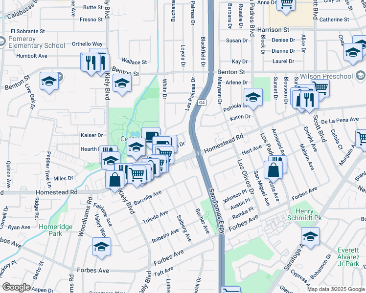 map of restaurants, bars, coffee shops, grocery stores, and more near 2560 Dixon Drive in Santa Clara