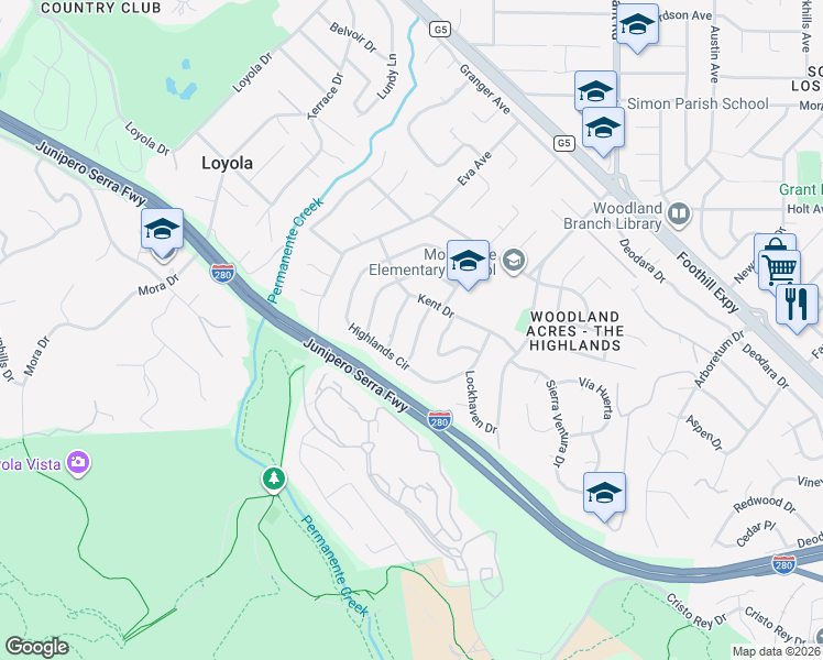 map of restaurants, bars, coffee shops, grocery stores, and more near 945 Andover Way in Los Altos