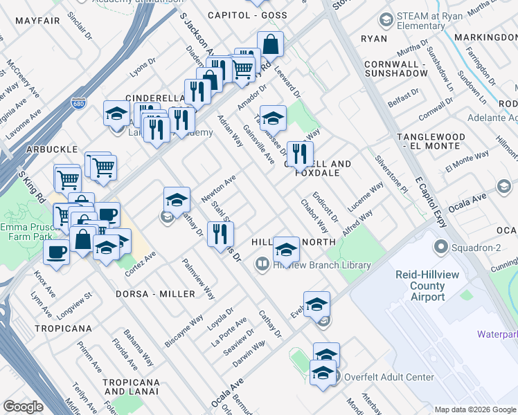map of restaurants, bars, coffee shops, grocery stores, and more near 1438 Norvella St in San Jose