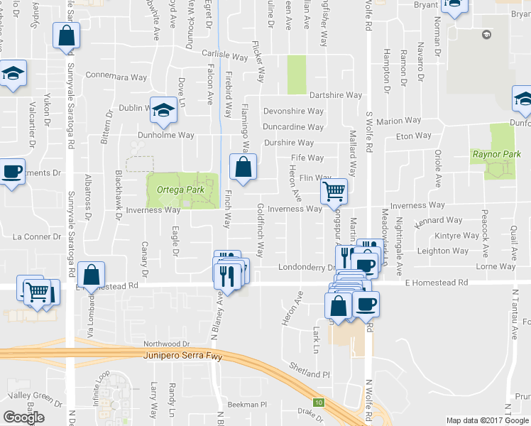 map of restaurants, bars, coffee shops, grocery stores, and more near 1602 Goldfinch Way in Sunnyvale