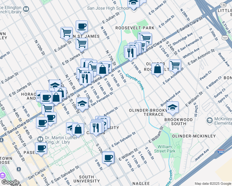 map of restaurants, bars, coffee shops, grocery stores, and more near 105 South 15th Street in San Jose