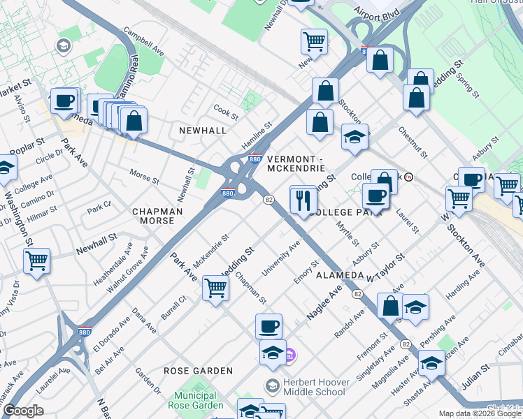 map of restaurants, bars, coffee shops, grocery stores, and more near 1132 McKendrie Street in San Jose