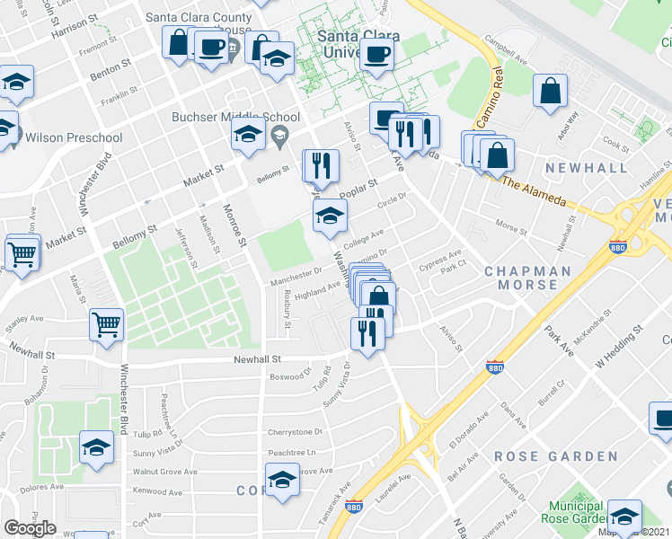 map of restaurants, bars, coffee shops, grocery stores, and more near 986 Camino Drive in Santa Clara