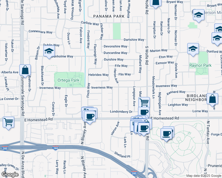 map of restaurants, bars, coffee shops, grocery stores, and more near 1606 Grosbeak Avenue in Sunnyvale